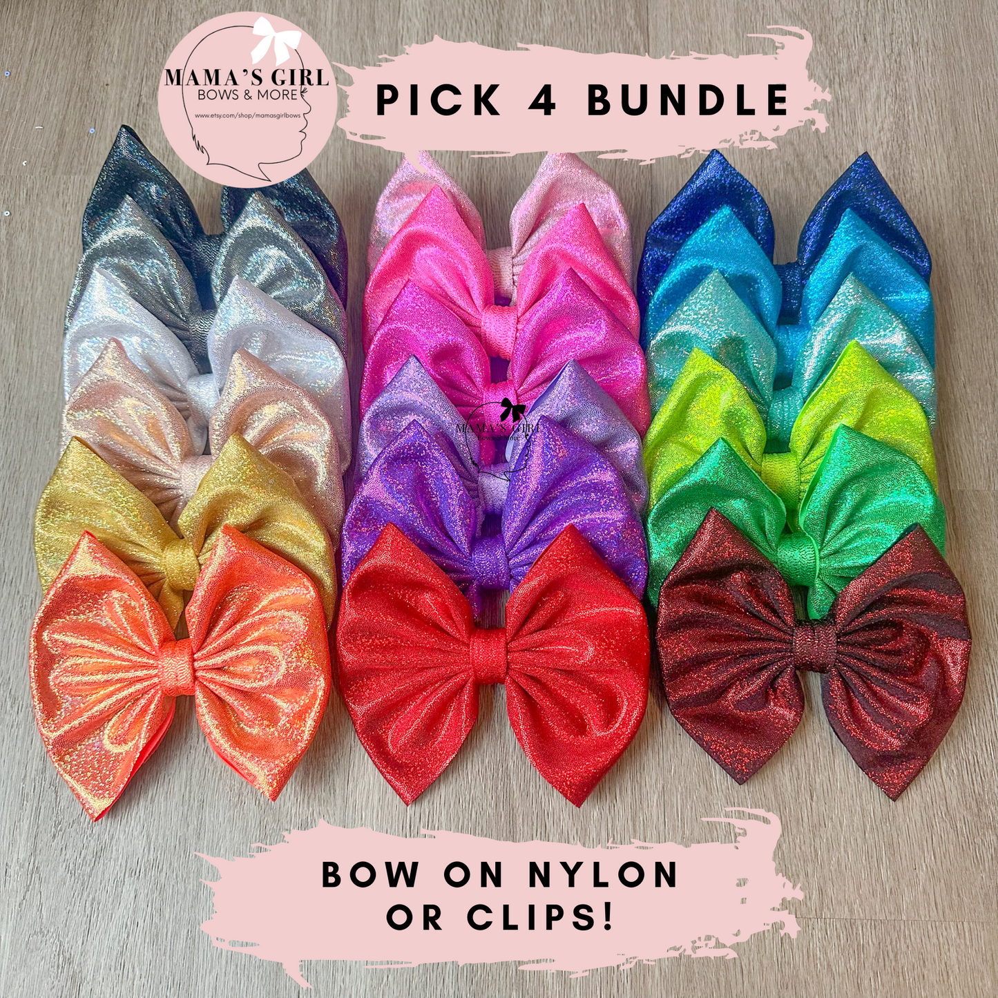 4 PACK Bundle - Holographic Bows on Nylon or Clip