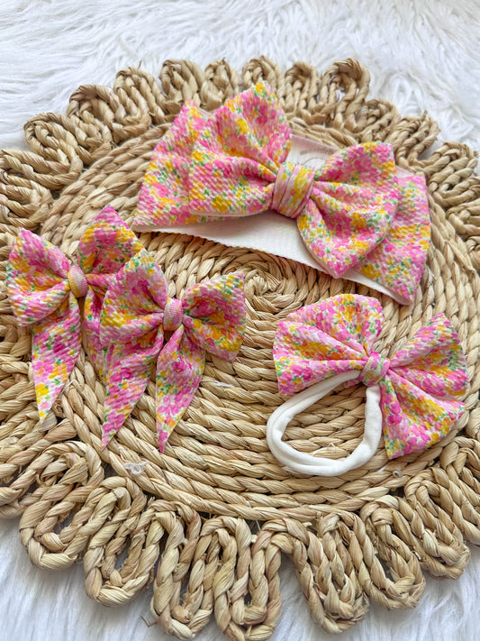 Pink & Yellow Floral Girly Hair Bows